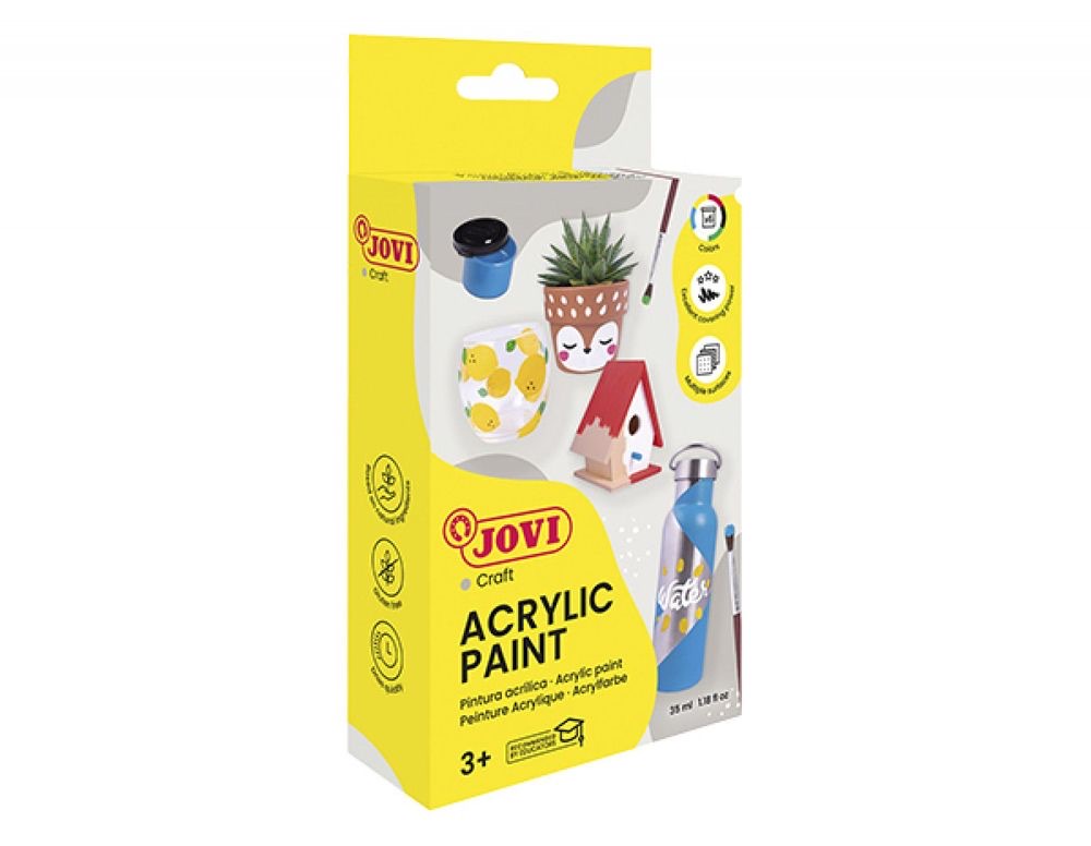 ACRYLIC PAINT - Set of 6 x 35 ml Assorted Colors + Brush