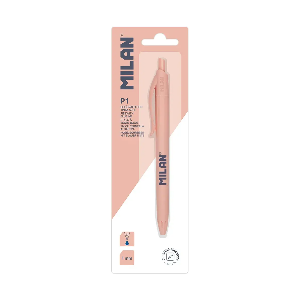 Blister pack blue ink P1 pens, 430 since 1918, pink